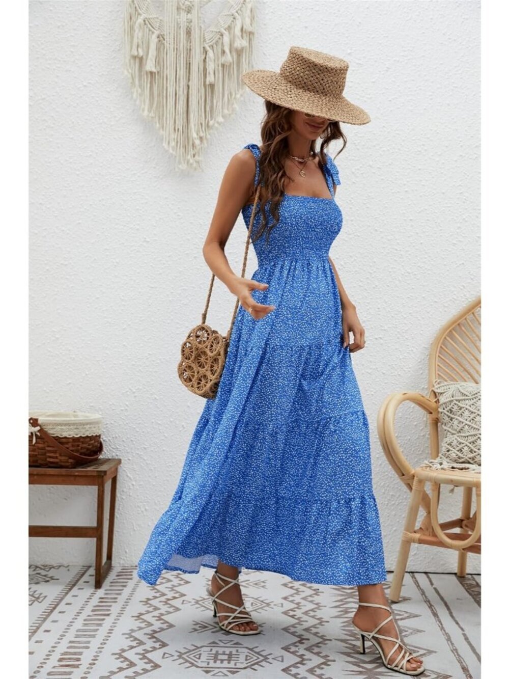 Women's Dots Blue 1 Sleeveless Square Neck Ruffle Flowy Imported Maxi Dress - Picture 4 of 6